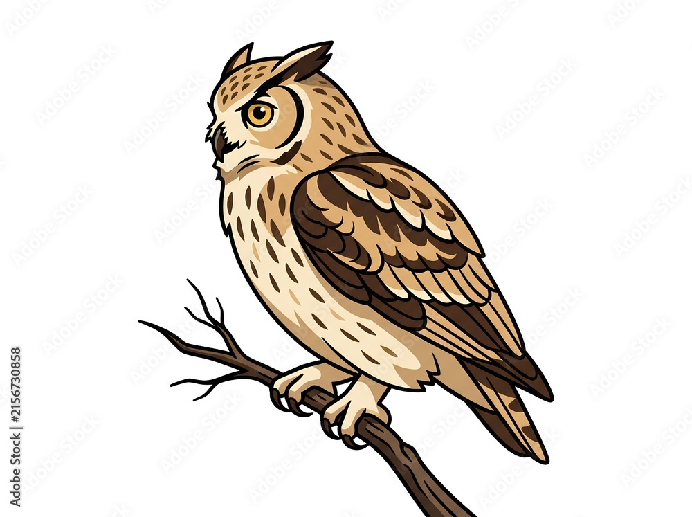 Obraz premium Brown Horned Owl Perched on a Tree Branch Side Profile View