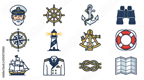 Collection of nautical icons and maritime equipment.