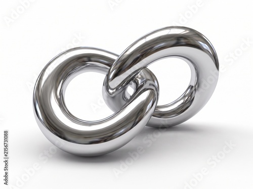 Abstract 3D chrome metal chain link sculpture on white background