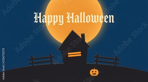 Spooky haunted house silhouette against a vibrant orange full moon for halloween
