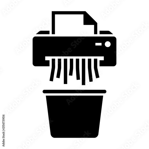 Paper shredder destroying documents into a bin during office cleanup conceptual silhouette isolated on white background