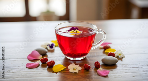 Glass of hot Korean omija cha or magnolia berry tea with flower petals and seeds decors in an indoor cafe background. Still life shot usable for Asian menu drink assets
