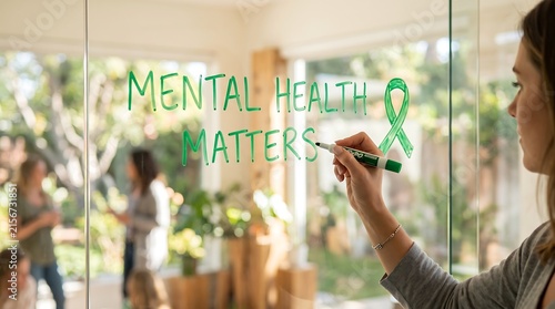 Woman writing mental health matters on a glass office wall