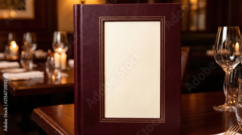 Elegant Blank Restaurant Menu Cover on Dining Table