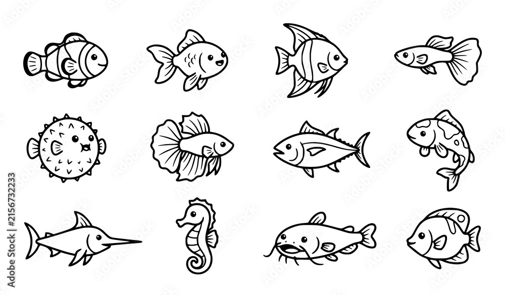 Obraz premium Collection of hand drawn fish illustrations in a simple black and white line art style