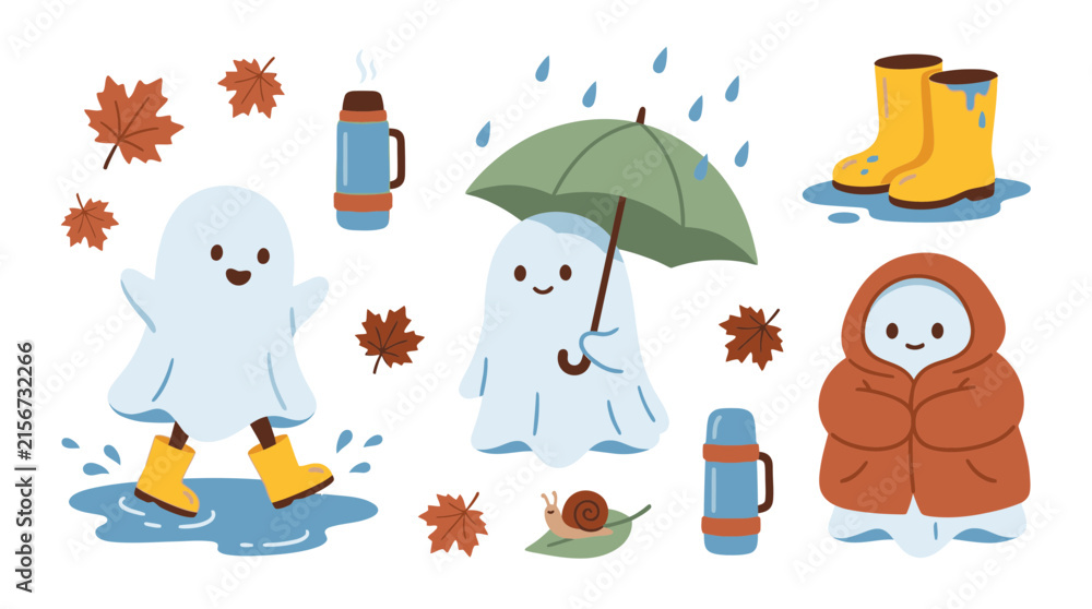 Fototapeta premium Ghosts Rainy Autumn Clipart Set with Boots Umbrella Puddles