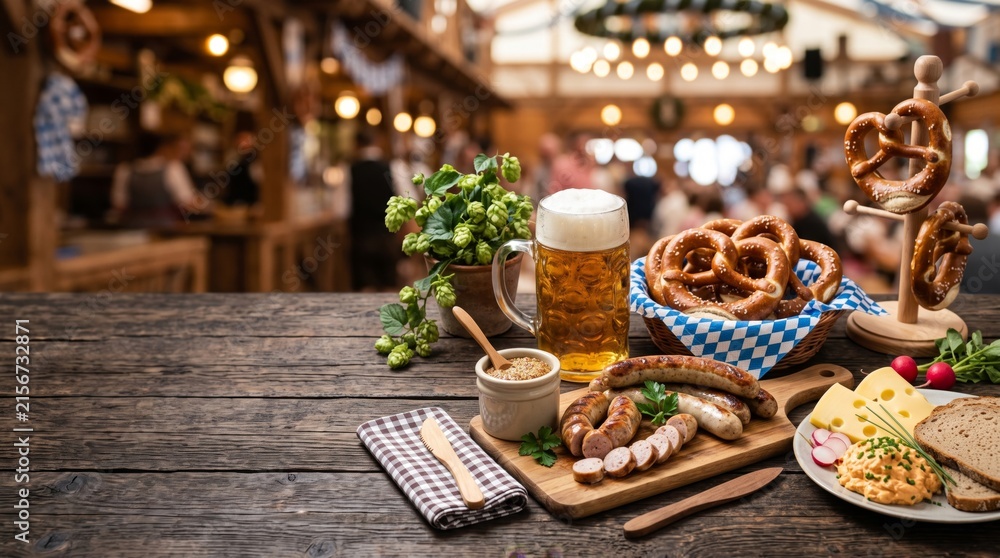 Fototapeta premium Traditional Bavarian food table with beer, pretzels, sausages, mustard, cheese and hops in a festive beer hall