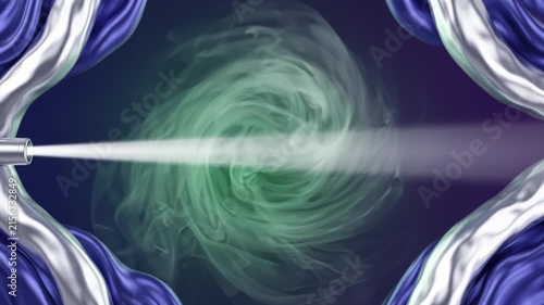 Spotlight Beam Moving Across Swirling Green Smoke With Blue Curtains Background