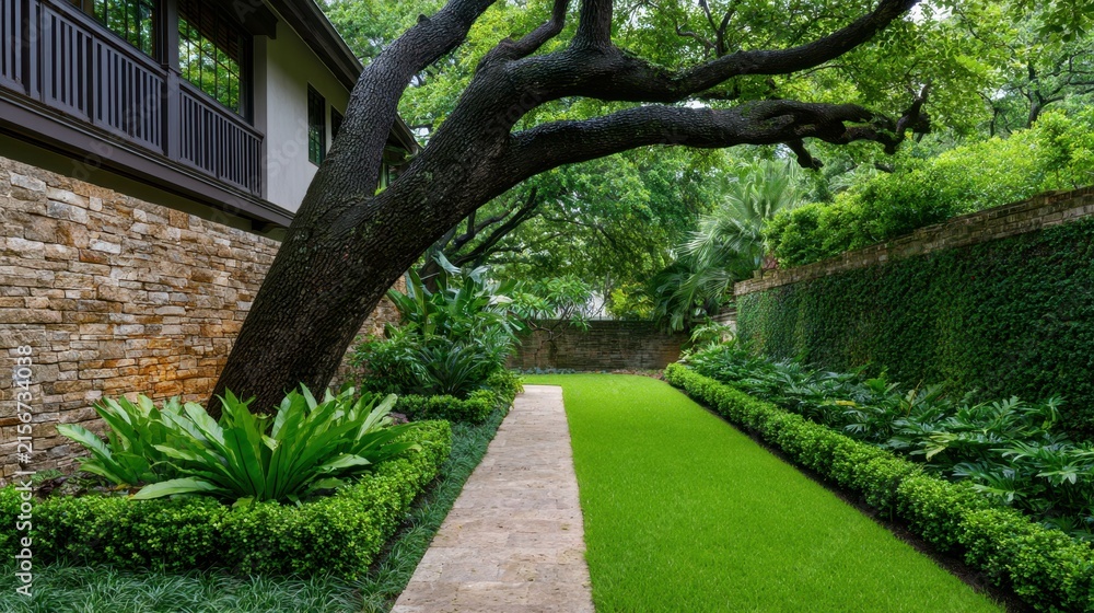 Obraz premium Serene Landscape with a Curved Tree and Lush Greenery Amidst Stone Walls and Vibrant Plant Life in a Peaceful Outdoor Garden Setting