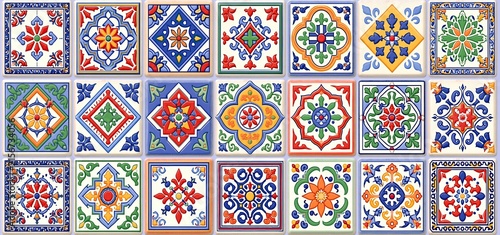 Elegant home interiors showcasing colorful Mediterranean ceramic tiles with detailed geometric motifs and decorative edges.