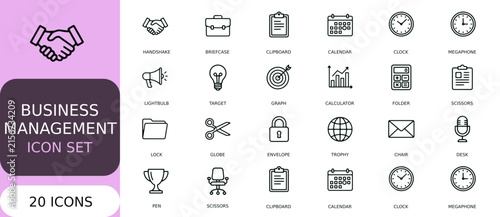 Collection of minimalist business icons in a clean grid setting during bright studio lighting