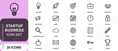 Startup business icons including lightbulb rocket briefcase handshake megaphone graph calendar clock padlock magnifying glass cloud gear checklist pencil piggy bank envelope globe key trophy