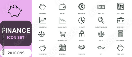 Collection of simple business finance and strategy icons in a grid on white background