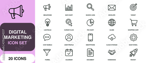 Digital marketing outline icons for promotion analytics and growth strategies on a clean background