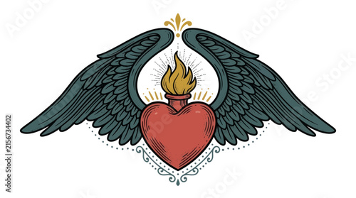 Winged Sacred Heart with Flame Illustration