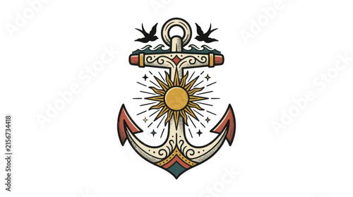 Vintage Anchor with Sun and Swallows Illustration