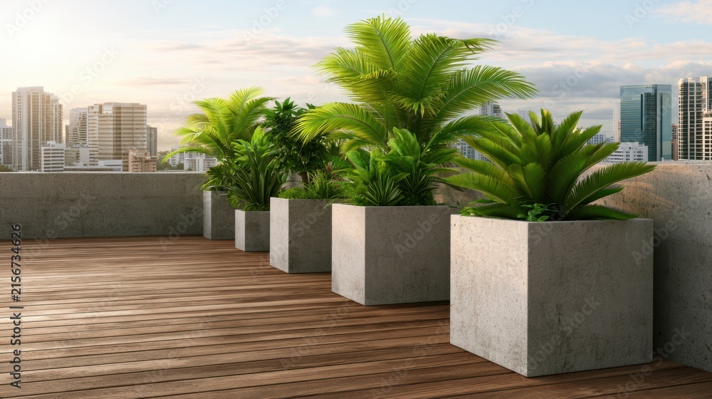 Fototapeta premium Modern urban rooftop garden with vibrant green plants in concrete planters overlooking city skyline at sunset for relaxation and tranquility