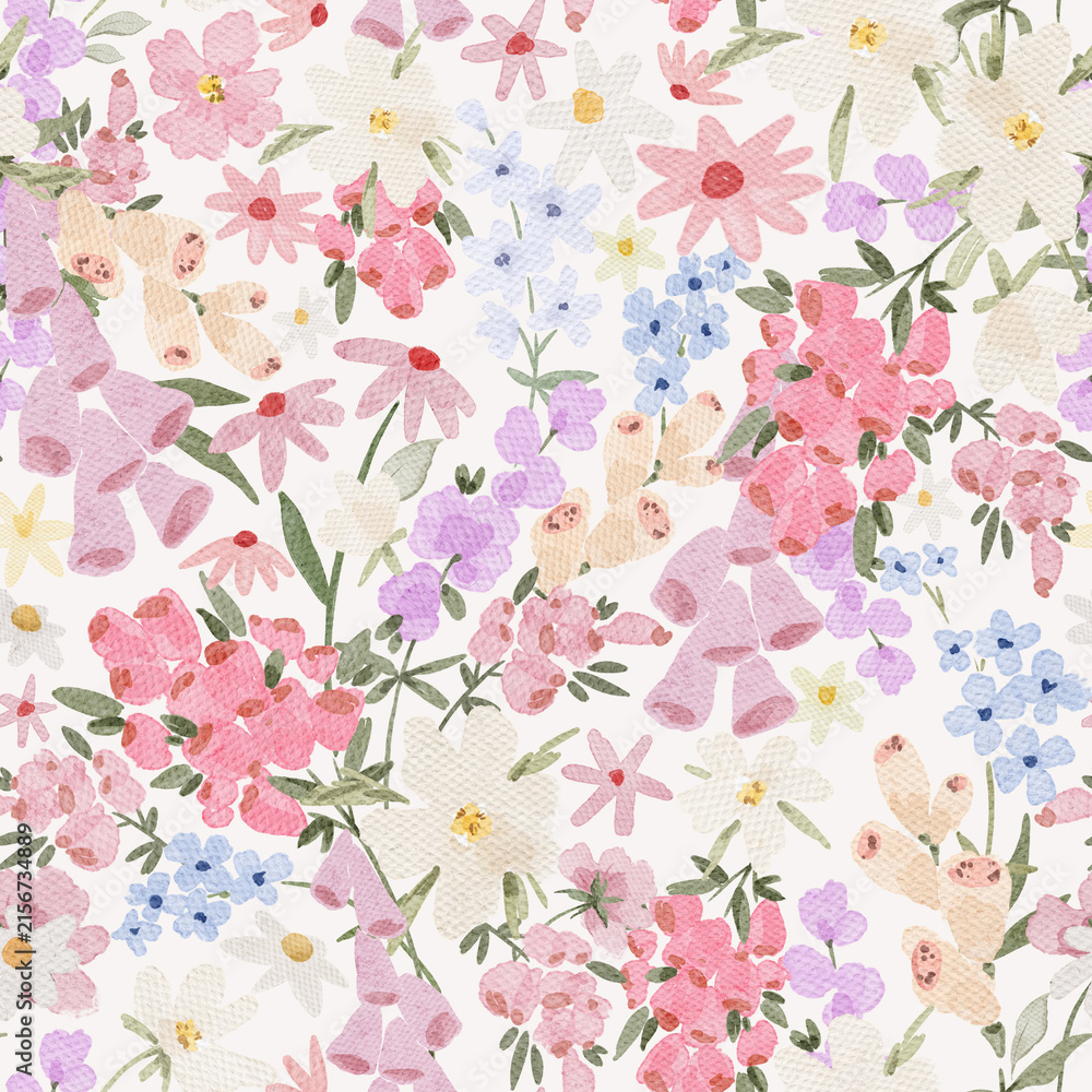 Obraz premium Seamless pattern with bright pink wild meadow flowers, foxgloves. Blossom spring summer nature, whimsical botany