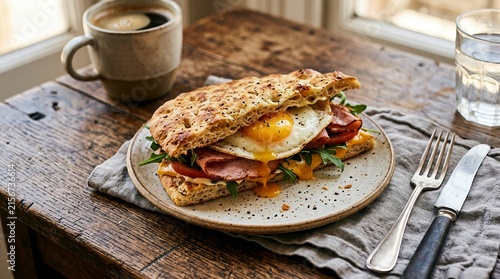 Gourmet breakfast sandwich with fried egg and fresh vegetables on wooden table.