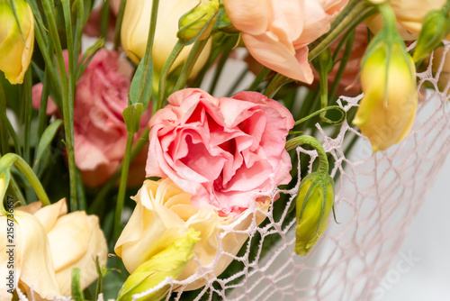 Arrangement of beautiful Eustoma flowers background