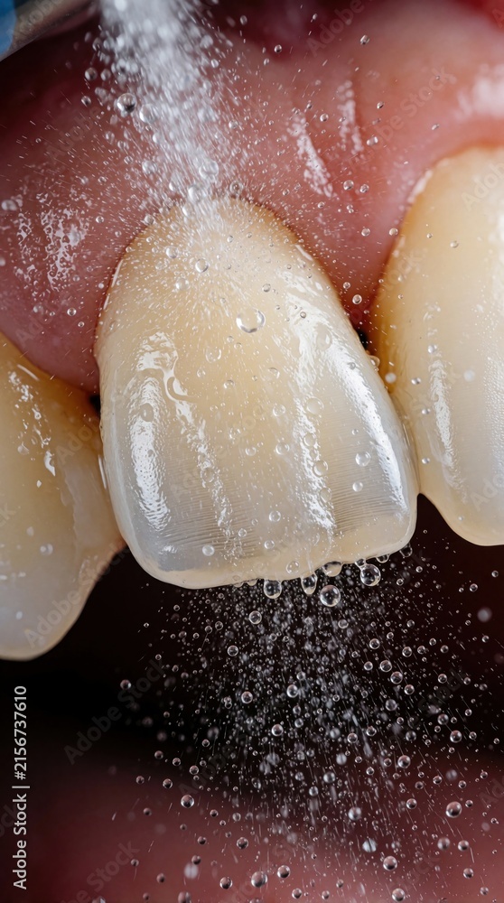 Fototapeta premium Macro shot of dental cleaning procedure. Water spray irrigates teeth and gums during pro oral hygiene treatment. Tiny droplets create mist and splash effect.