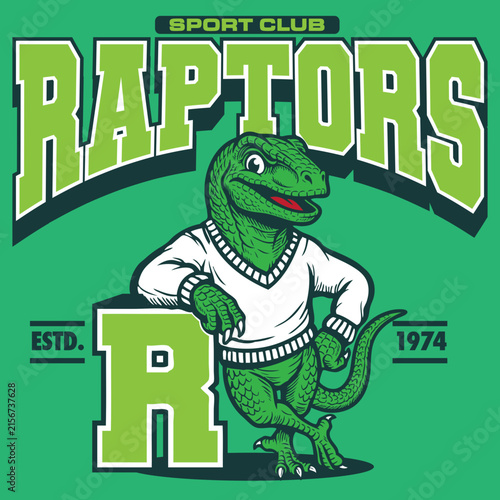 Raptors Sporty Vintage Retro Mascot Character Design Vector Illustration in Hand Drawing Style Leaning a Block Alphabet Monogram
