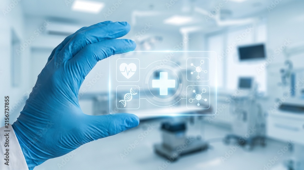 Fototapeta premium A gloved hand holds a transparent screen displaying medical icons, with a blurred hospital operating room in the background.