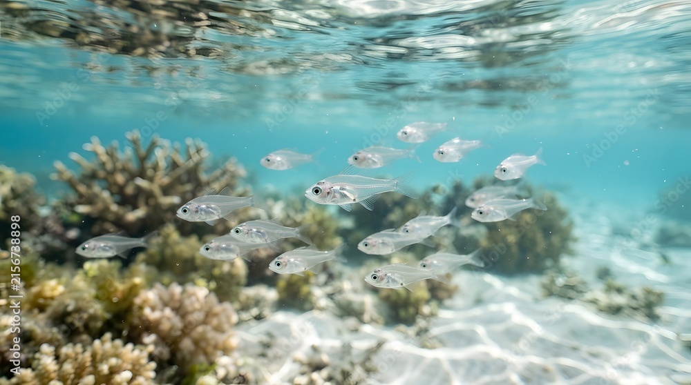 Fototapeta premium Group of small silver fish swimming near a vibrant coral reef