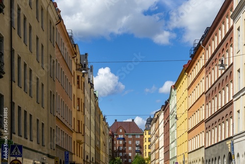Photography Vasastan Stockholm street with colorful buildings and blue sky