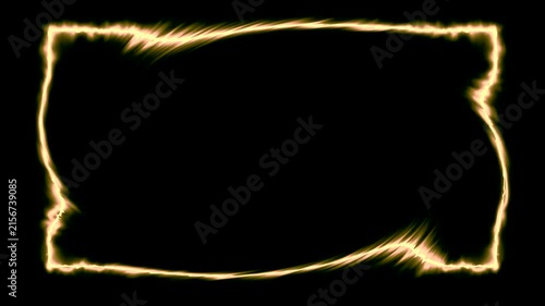 Rectangular horizontal curved glowing neon shiny orange closed lines frame with shaking light effect on black background. In the middle there is a place for your own content.