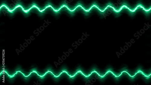 Rectangular horizontal wavy glowing neon shiny green long lines frame with shaking light effect on black background. In the middle there is a place for your own content.