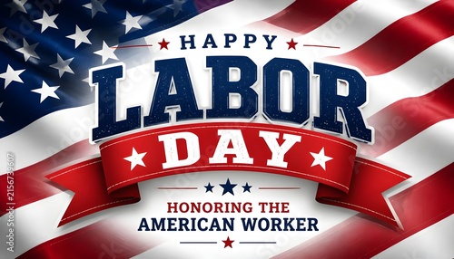 A Labor Day card featuring a background of the USA flag and the phrase 'Honoring the American Worker' along with a stylish Labor Day banner.