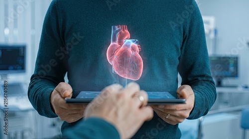 A medical professional uses advanced holography technology to project a realistic three dimensional human heart model for clinical diagnostic study