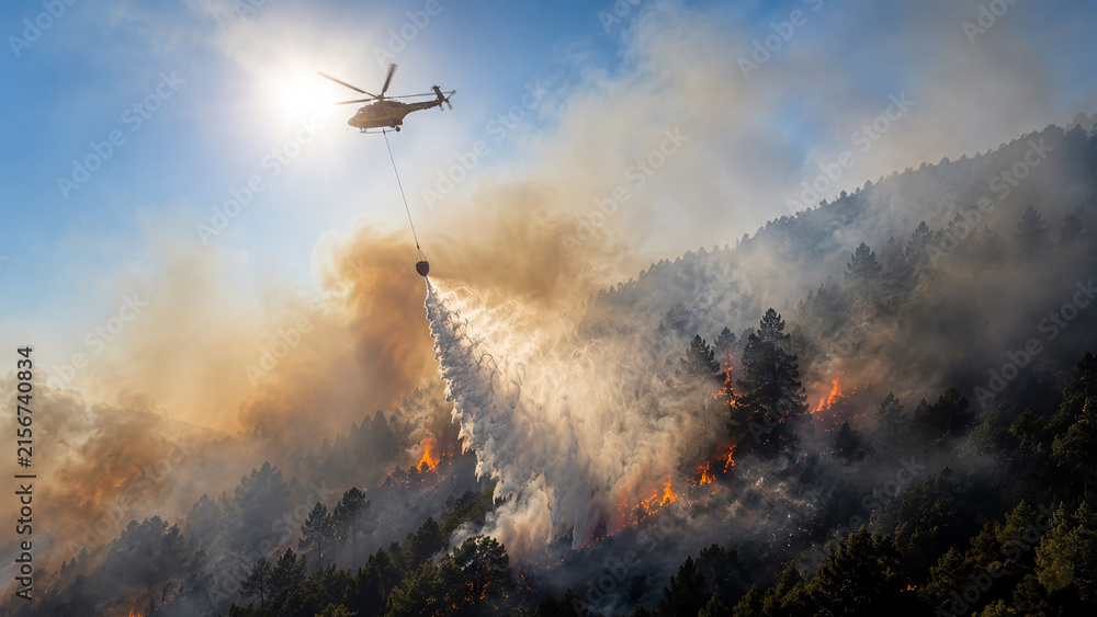 Fototapeta premium Firefighting helicopter dropping water to extinguish a forest wildfire