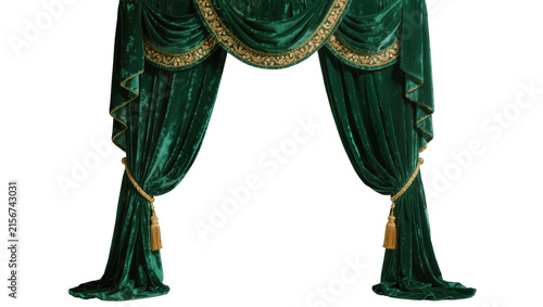 Fotografie Emerald green velvet drapes with gold trim and tassels, isolated on transparent