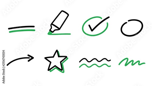 Minimalist black-and-white characters with green underline, marker, check, circle, curve, star, wave and squiggle strokes .