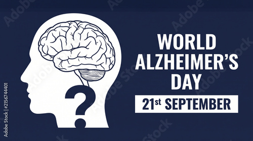 World Alzheimer’s Day poster with human head profile brain illustration question mark dark blue background white text September 21 awareness support and understanding   generative ai