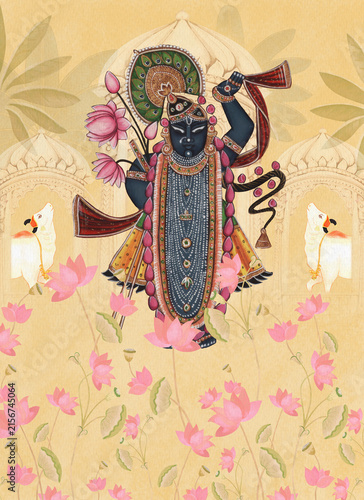 Fotografie Shrinath Ji Pichwai Style Devotional Artwork with Lotus Flowers, Sacred Cows and
