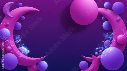 Abstract 3d Motion Background With Floating Purple Moons and Spheres With Glowing Particles