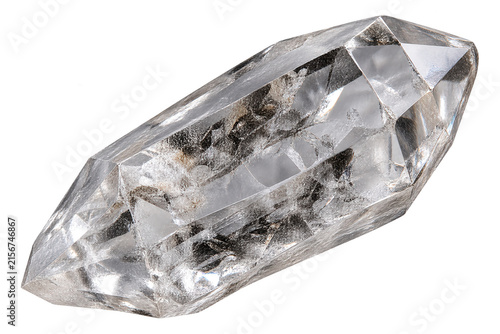Natural clear Herkimer diamond quartz crystal with faceted double terminated form, isolated on transparent background.