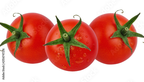 Photography Three ripe red tomatoes with green stems and water droplets, isolated on transpa
