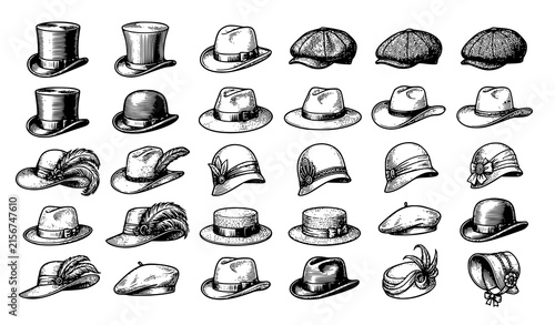 фотографія Vintage hat collection engraving ink line art vector illustration