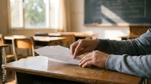 Person folding a white paper airplane on a wooden school desk in class