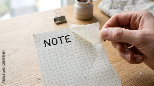 Person sticking a grid paper note on a wooden desk for memo reminders