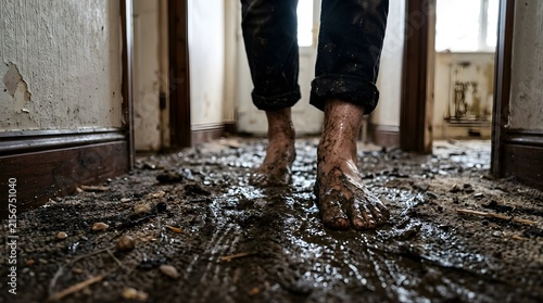 Person with muddy feet walking through a flooded hallway at home