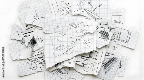 Scattered torn grid paper pieces with messy black hand-drawn sketches
