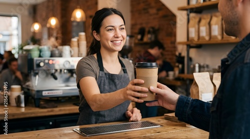Smiling barista serving a takeaway coffee cup to a customer in a cafe