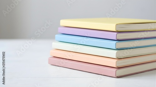 Stack of colorful pastel books on a white table for education concept