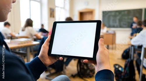 Student holding a tablet with a blank white screen in a busy classroom