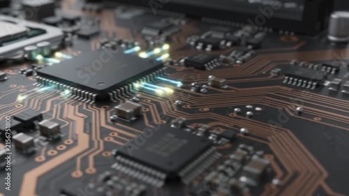 Futuristic AI Microprocessor on Motherboard with Glowing Blue Circuits for Machine Learning Data